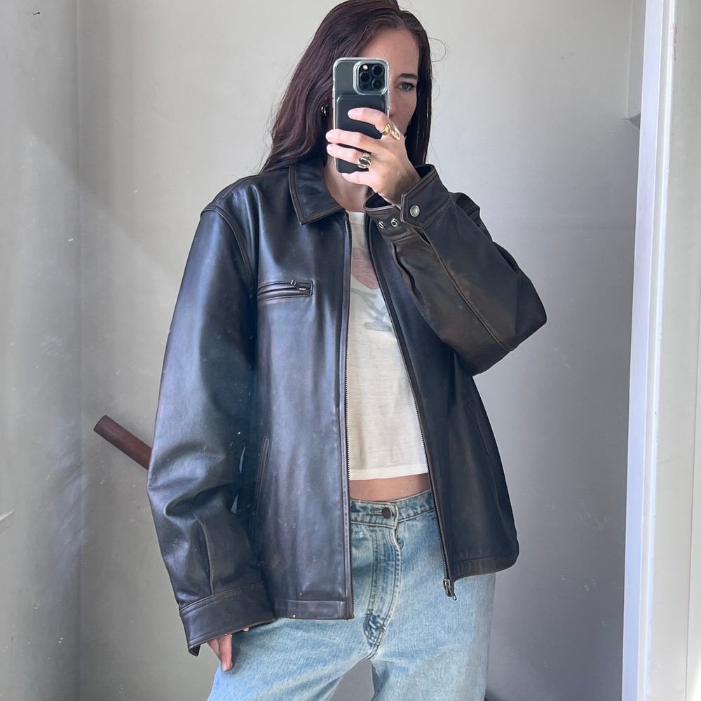 Vintage Brown‎ Leather Bomber Jacket Faded Distressed Oversized Full Zip